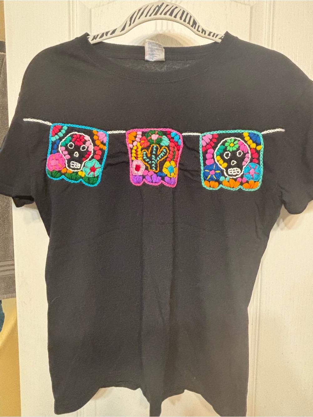 Womens Tee with Colorful Embroidered Banner